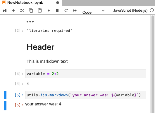 Screenshot of a cell setting a value, and then printing it in markdown